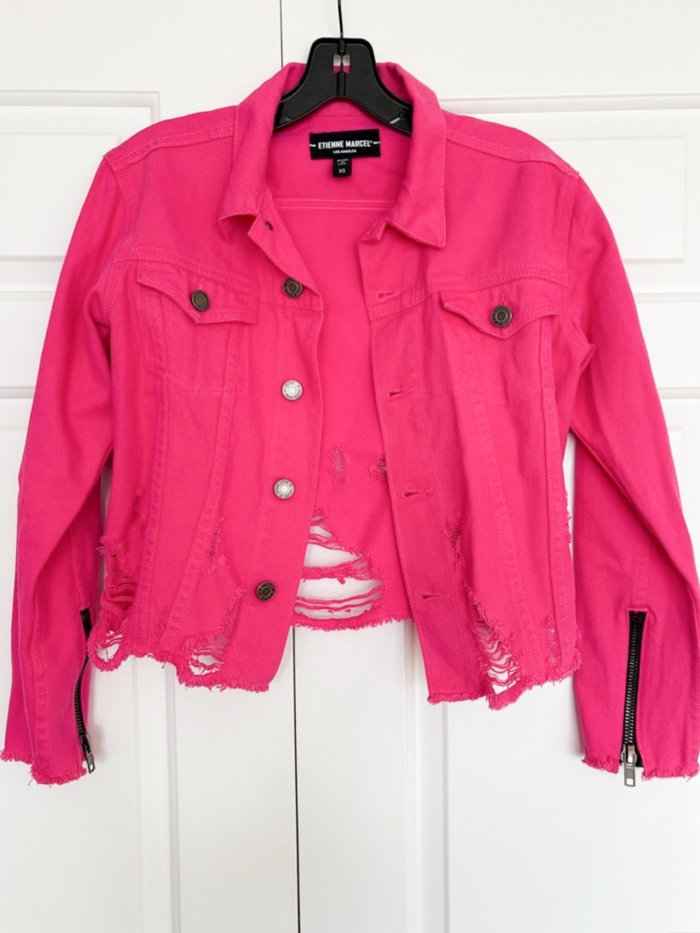 Etienne Marcel Hot Pink Distressed Denim Jacket